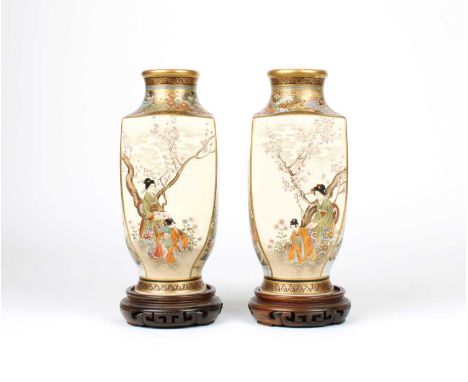 A Pair of Japanese Meiji Period Satsuma Pottery Vases A Pair of Japanese Meiji Period Satsuma Pottery Vases, square-section f