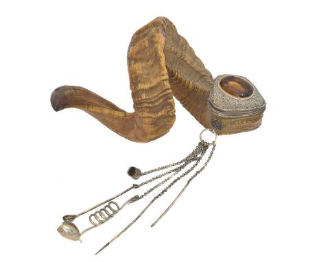 A 19th century white metal Scottish ram's horn snuff mull, A 19th century white metal Scottish ram's horn snuff mull, the hin