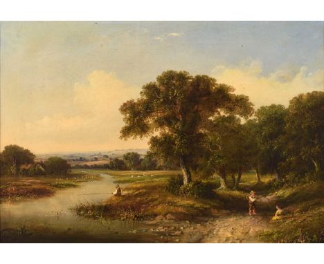 Walter Williams (British 1935-1906) "River Landscape with Boys Fishing" Unsigned, oil on canvas.44 x 65cm (framed 58.5 x 79.5