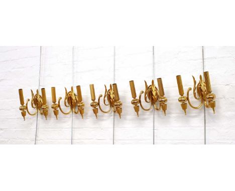 Sciolari Roma Set of Five Italian Neo-Classical Style Gilt Metal Wall Lights Circa 1960s, all twin-branch with foliate and sc