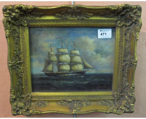 Reproduction oils on panel of a Man of War under full sale.  Heavy gilt frame.