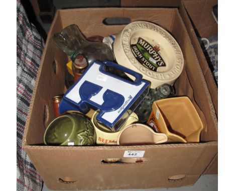 Box of assorted china and glass to include wade gin barrels, various advertising water jugs to include Worthington E, Jameson
