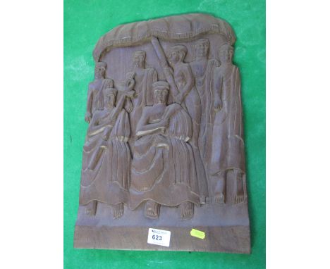 Hardwood carved panel of relief tribal warriors.