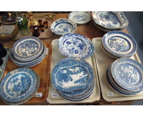 Three trays of assorted blue and white plates and dishes to include spode willow pattern, Amherst Japan stone china etc. (3)