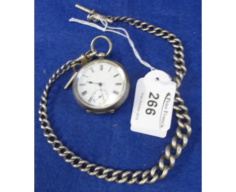 Silver engine turned, key wind, open faced pocket watch with graduated silver chain. CONDITION REPORT: Hairline crack to enam