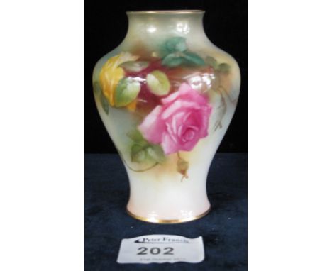 Royal Worcester porcelain Hadley style baluster shaped vase with painted rose decoration. Printed marks with shape number 249