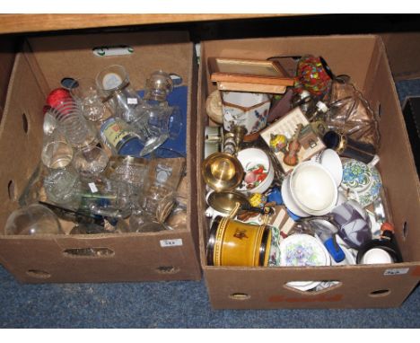 Two boxes of china and glass to include various drinking vessels, ash tray, waisted vases, other vases, floral china trinket 