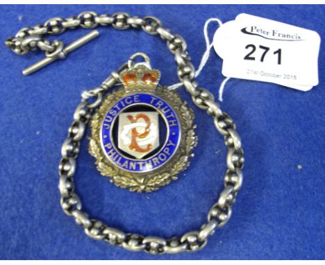 A silver and enamel Fraternal Society pendant jewel/medallion, 'Justice, Truth and Philanthropy' on a belcher link chain.