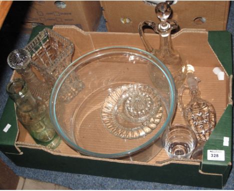 Tray of assorted glassware to include orange squeezer, Victorian ewer decanter and stopper, other decanters and stoppers, wai