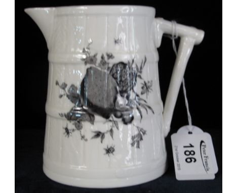 Royal Worcester porcelain barrel shaped jug with black printed fruit decoration.  Printed marks to base.