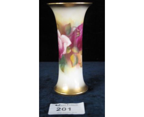 Royal Worcester porcelain Hadley style cylinder vase with flared neck and painted rose decoration, signed M. Hunt. Printed ma