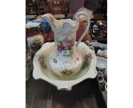 Early 20th Century Staffordshire pottery gilded and floral printed jug and basin.  (2)