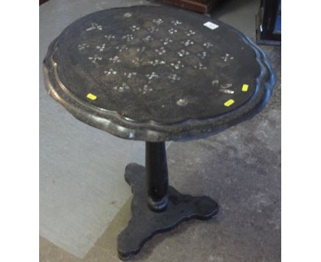 19th Century lacquered and mother-of-pearl oval tripod occasional table.