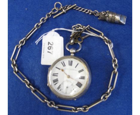 Silver engine turned, open faced, key wind, pocket watch with silver bar link chain and cat shaped silver whistle. CONDITION 