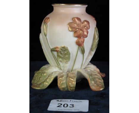 Royal Worcester blush ivory amphora vase with relief gilded foliate decoration on leaf base. Printed marks with shape number 