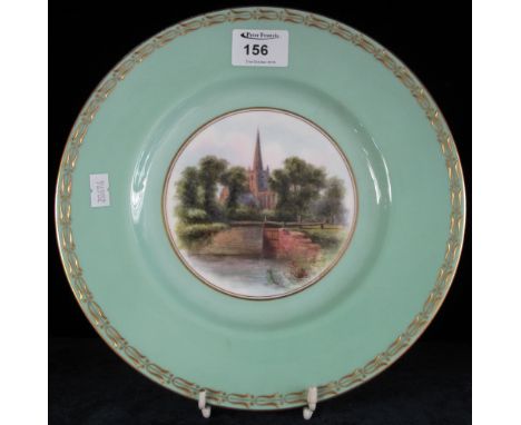 Royal Worcester bone china cabinet plate with gilded green border around painted central panel: 'The Lock on the River Avon'.