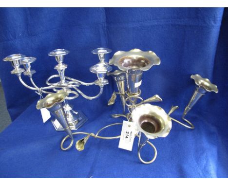 Modern silver plated four branch table candelabrum in Georgian style, together with an art nouveau style silver plated multi 