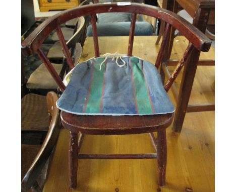 Small child's stick and hoop backed elbow chair with loose cushion.