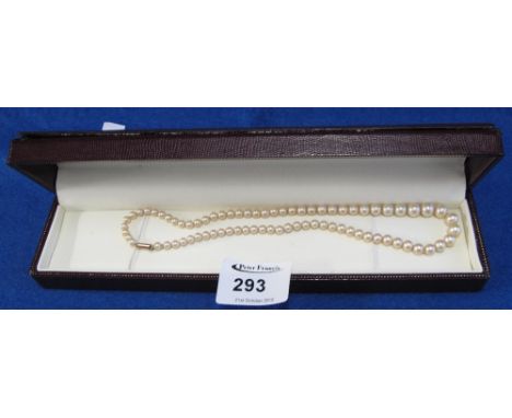 Circa single strand, simulated pearl necklace in crocodile or snakeskin finish case with 9ct.gold clasp