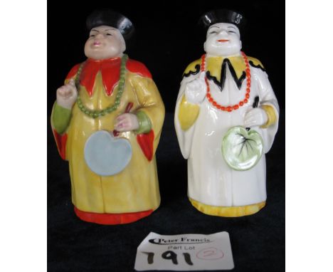 Two similar Royal Worcester porcelain candle snuffers in the form of Chinese Mandarin figures.  Printed marks. (2)