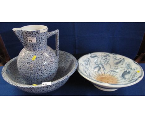 Water lily design transfer printed stoneware porcelain basin, together with a flower head decorated jug and basin. (3)