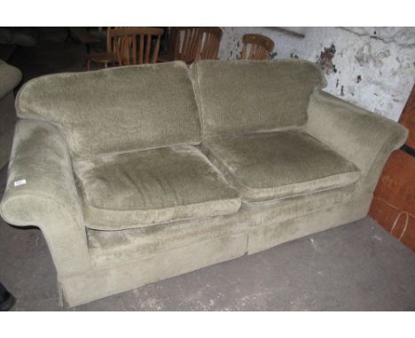 Laura Ashley green fabric upholstered three piece suite comprising two seater sofa, pair of armchairs and a stool. (4)