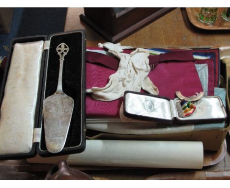 Box of assorted Masonic regalia to include cased silver Masonic medal, Masonic sash, gloves, certificates etc.