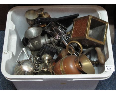 Box of assorted metal ware to include brass and copper candle sticks, copper and brass ewer jug, kitchen utensils, silver pla