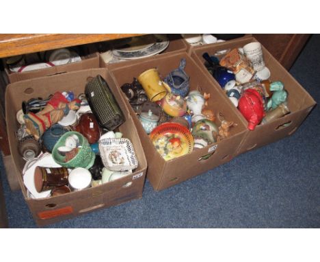 Three boxes of assorted china to include various floral and other vases, cottage ware tea pot, various tankards including Wed