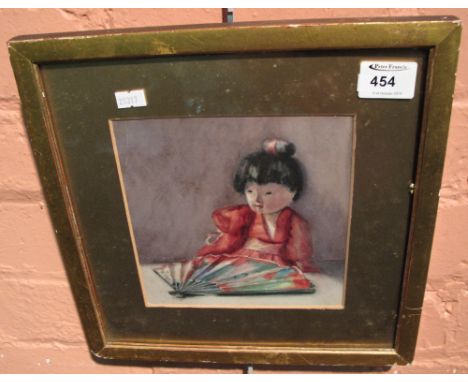 Watercolour study of a Japanese doll with fan.  Framed and glazed.