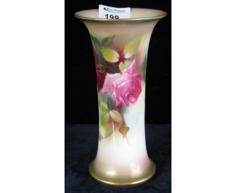 A Royal Worcester porcelain Hadley style, waisted cylinder vase with painted rose decoration, signed: Pilsbury.  Printed mark