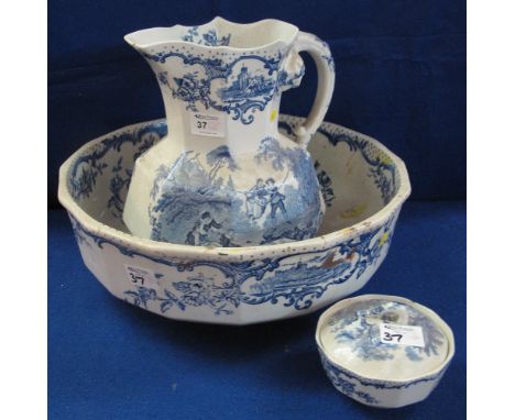 Masons Ironstone blue and white transfer printed jug, basin and soap dish set. 
