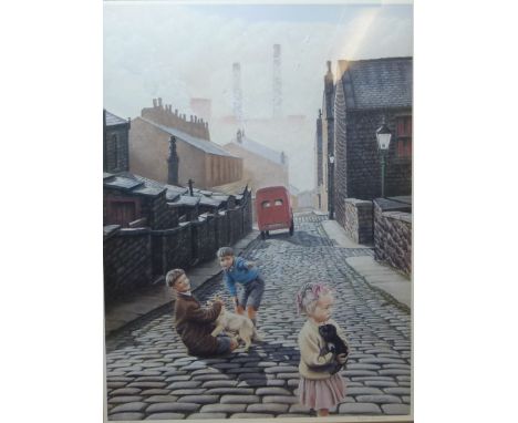 Children playing in a cobbled street, a colour print after an original by Ralf Sweeney, artist proof signed in pencil, 53cm x