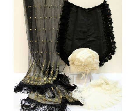 Small collection of Victorian and Edwardian textiles comprising lace cap, black  watered silk apron with beaded and lace edgi