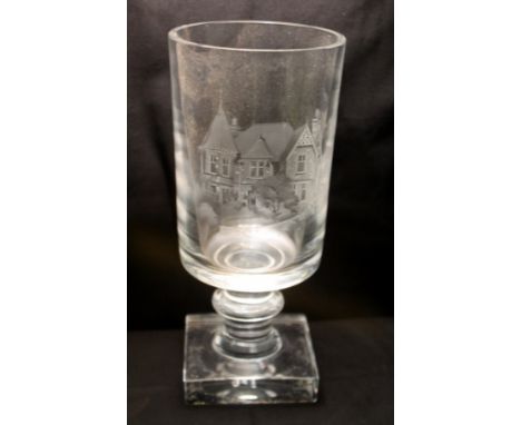 Atlantis Gulotta heavy crystal glass rummer with square foot and etched decoration depicting "The Bowling Fell, Kendal" signe