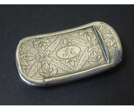 Silver snuff box of curved semi-elliptical section with engraved quarterfoils maker T.T., struck thrice, perhaps Thomas Thomp