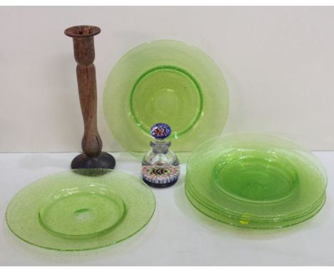 Glass scent bottle with millefiore base and stopper, 10cm high, and a set of six green soda glass ice plates with polished po