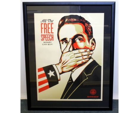 Shepard Fairey (Obey), 'Pay Up or Shut Up', a screen print released 19/05/15. Run 450, signed and numbered. 61cm x 46cm.