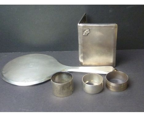 Silver cigarette case with naval crown, three napkin rings (6)