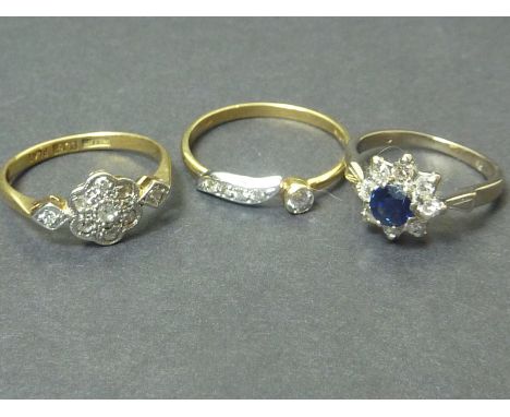 Diamond and sapphire cluster ring in white gold and two others. all 18ct. (3).