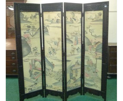 Good 19th century Chinese hardwood draught screen, each of the four panels with simulated bamboo moulding and woven textile p
