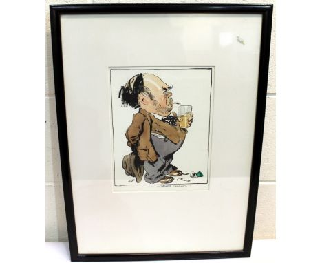 Joseph Simpson hand coloured caricature self portrait print, numbered 39/100, signed in pencil, 28cm x 21cm.