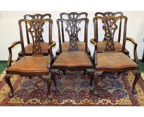 Set of six mahogany Chippendale style dining chairs with slip in seats, raised on cabriole supports and ball and claw feet