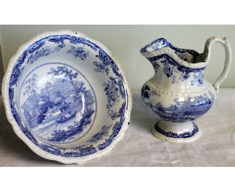 19th century opaque china "Chinese Marine" pattern blue and white, small ewer and basin. 18cm high and 23cm diameter (2)