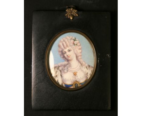 18th century miniature portrait of an aristocratic lady, unsigned. 7.5cm x 6cm, oval in black lacquer frame.