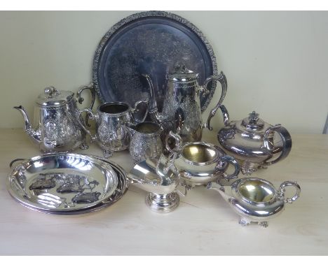Quantity of e.p. including decanter labels, two tea sets, tray and sugar tongs.