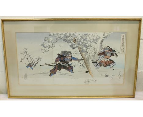 Japanese coloured wood block tryptich print depicting Samurai fighting in a winter landscape, two panels of calligraphy with 