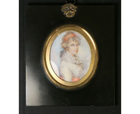 19th century miniature portrait of a lady, unsigned, 9cm x 7cm, (oval), in black lacquer frame.