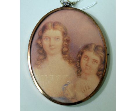 19th century miniature portrait of two young girls, inscribed "Miss Fitzalan, Miss Emily Fitzalan" on reverse, 9cm 7.5cm, ova