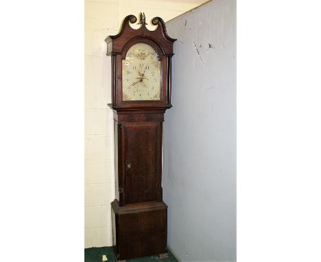 30 hour long cased clock by a Carisle maker, indistinctly signed, painted an enamel dial in oak case with mahogany banding an